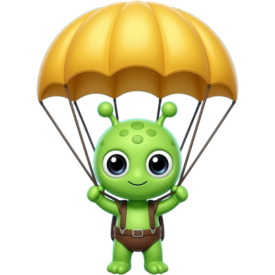 A cute green alien is flying on a golden parachute emoji