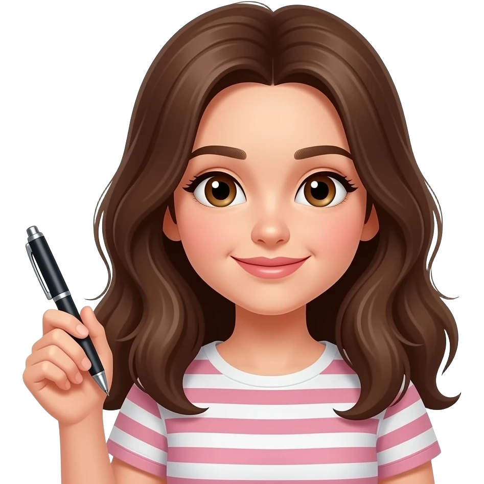 Создай эмодзи девочки брюнетка которая держит ручку emoji