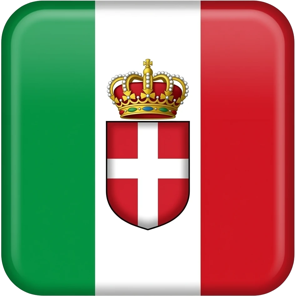 The flag of the Kingdom of Italy (1861–1946) was a vertical tricolor of green, white, and red, with the Savoy coat of arms (a white cross on a red shield) centered on the white stripe. A royal crown often topped the shield for official and military versions. emoji
