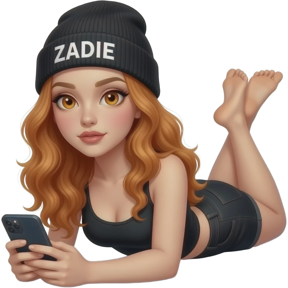 sexy girl with overlong wavy ginger hair and ginger eyes wearing a black tanktop and a black beanie with ZADIE written on it,  is lying on the floor and holds a cell phone emoji