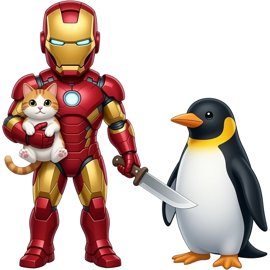 Elimde kedi tutan bir tane Iron man yap ona da bıçak saplanan bir tane penguen yap emoji