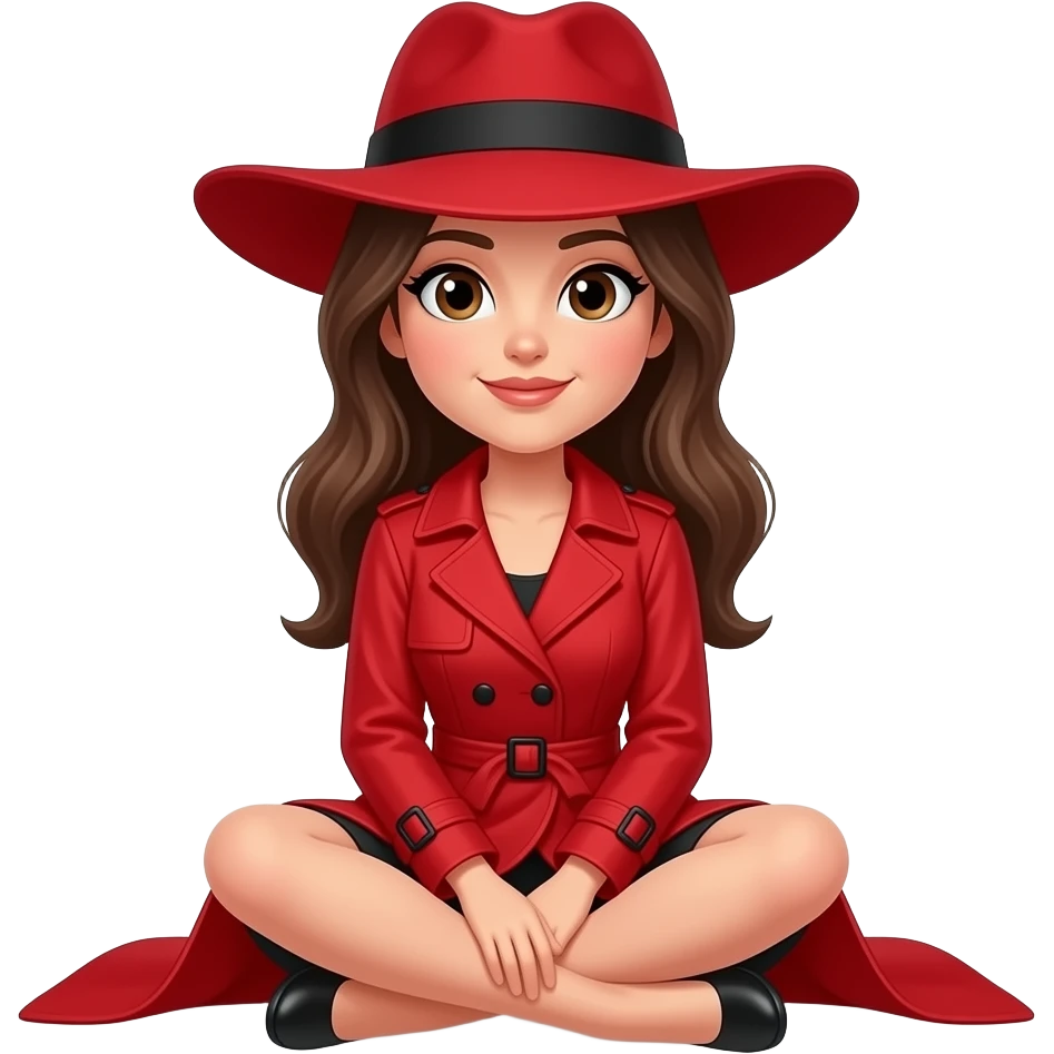 Carmen San Diego, a young woman wearing a wide brim red hat with a black band, wearing a red trench coat, sitting crossed legs on the floor (fullbody) emoji