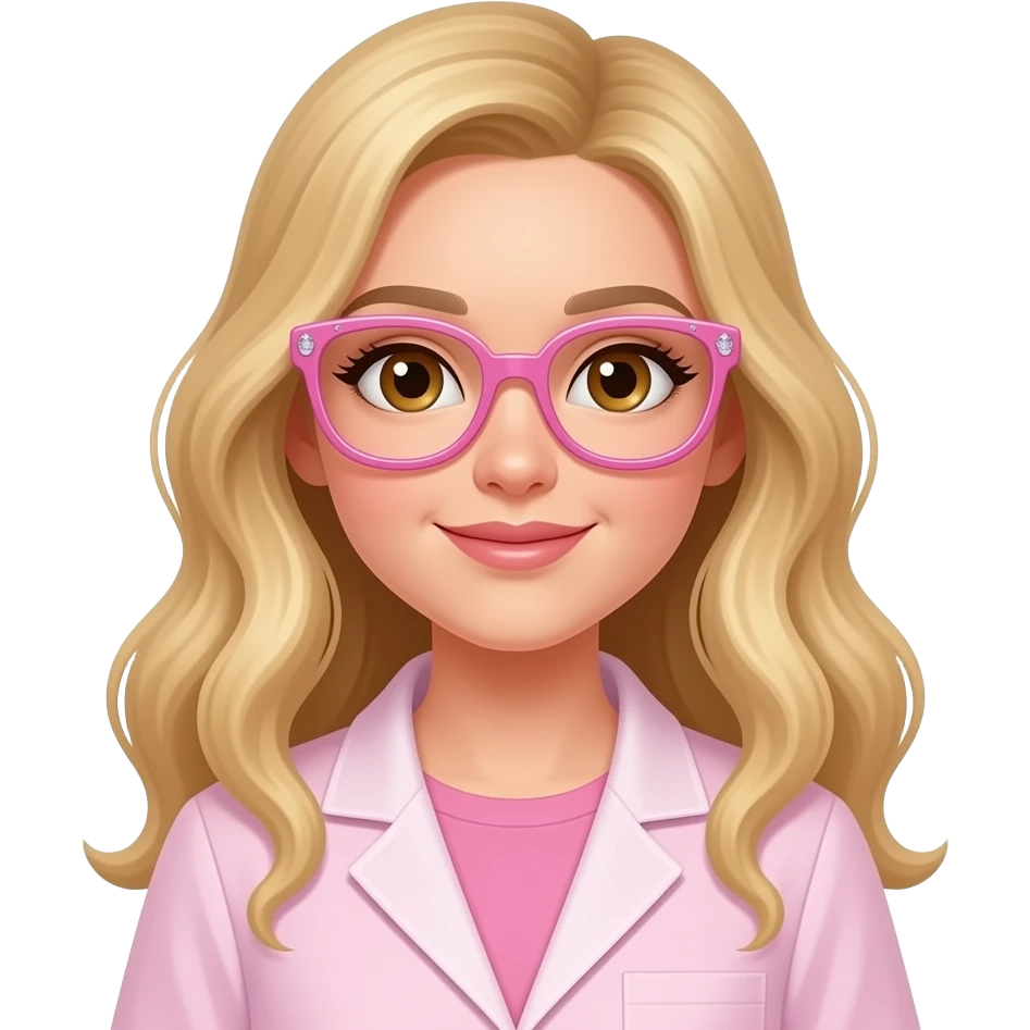 Menina de cabelo loiro longo ondulado e olhos castanhos vestida de jaleco rosa bb e oculos rosa de laboratório com strass emoji