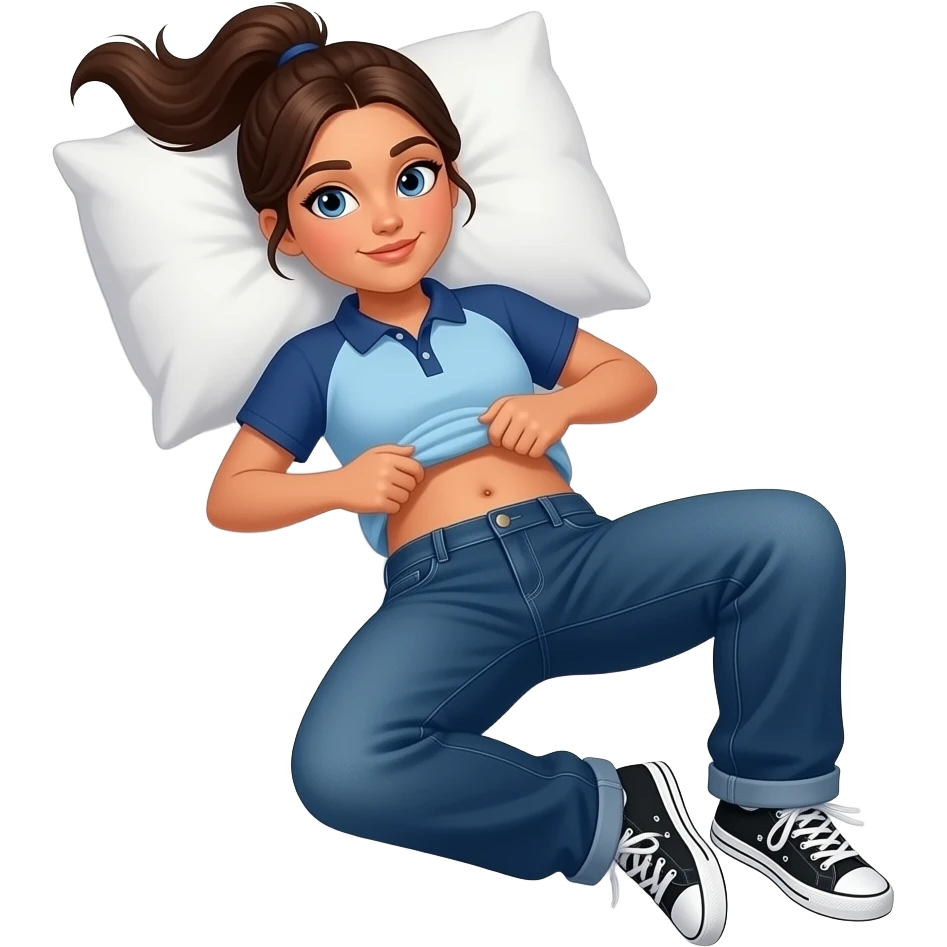 Hispanic girl with brown ponytail and blue eyes light blue and dark blue polo and dark blue baggy jeans and white and black sneakers and belly button laying down on her pillow on her bed lifting her shirt doing a belly rub emoji