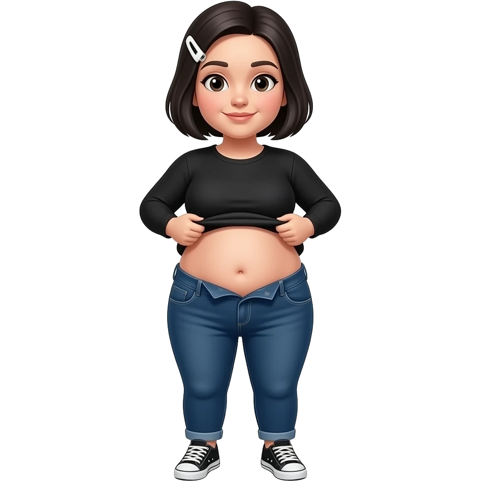 White woman with black short hair, white hair clip on the left of her hair, plain black long sleeve shirt, dark blue jeans, white and black sneakers, and a chubby body lifting her shirt to show her wavy belly trick emoji