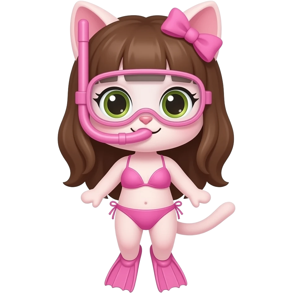 pink anthro cat with a Brown hair a pink bow on the head pink snorkel a pink flippers and a pink bikini emoji