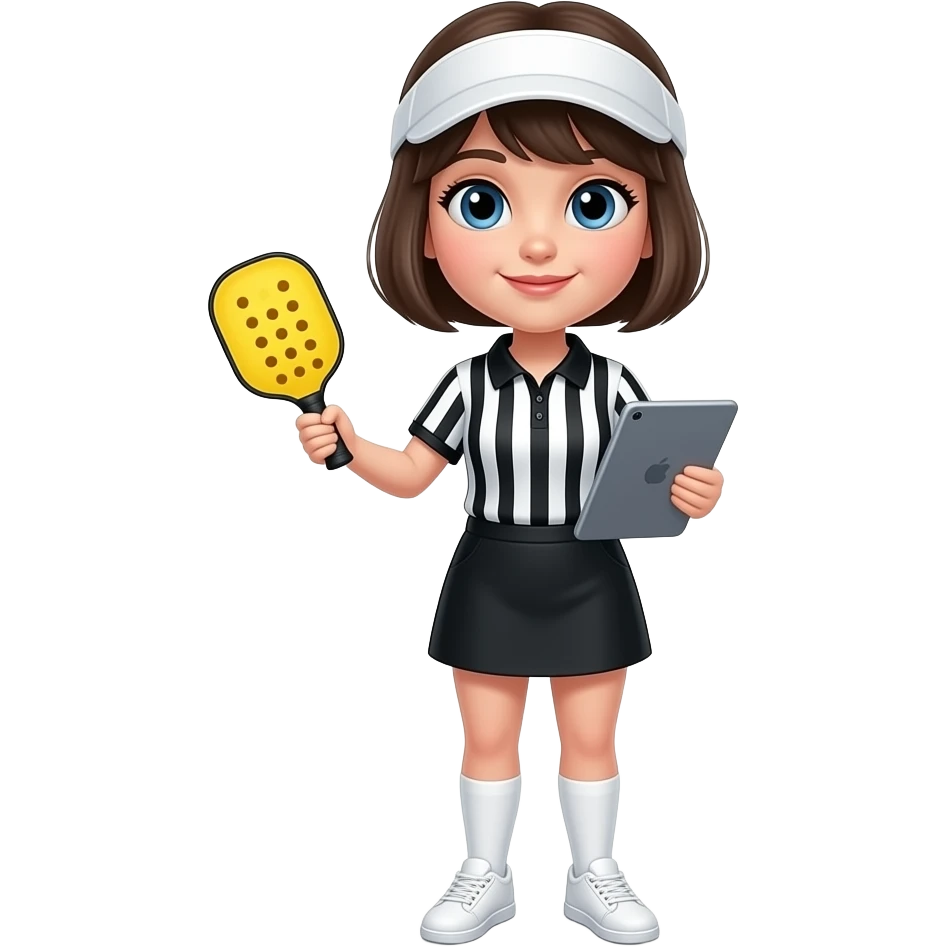 short-haired-blue-eyes-girl-referee-holding-ipad-and-a-yellow-pickle-ball-10-holes,-wearing-sun-visor,-black-white-vertical-stripes-polo-shirt,-black-skirt,-white-snickers emoji