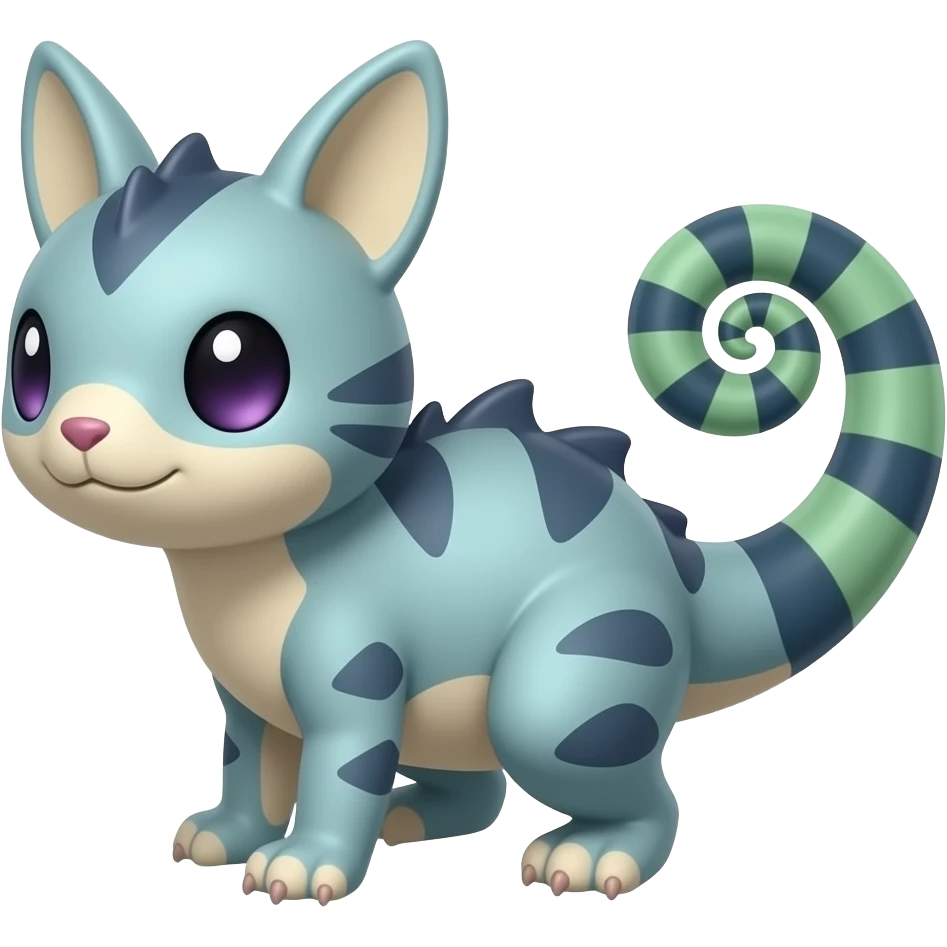 Purplish reddish greenish Rattata-Vaporeon-Litten-Cat-Rabbit-Bat-Fakémon-hybrid with a chameleon tail emoji