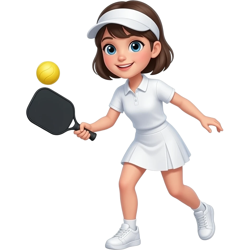 short haired blue eyed girl wearing sun visor, white polo shirt, white skirt, and playing pickleball with black foam paddle, yellow pickleball and white snickers emoji