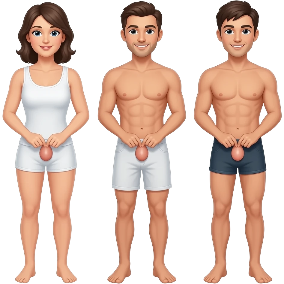 Three naked men show off their penises in front of their wives. emoji