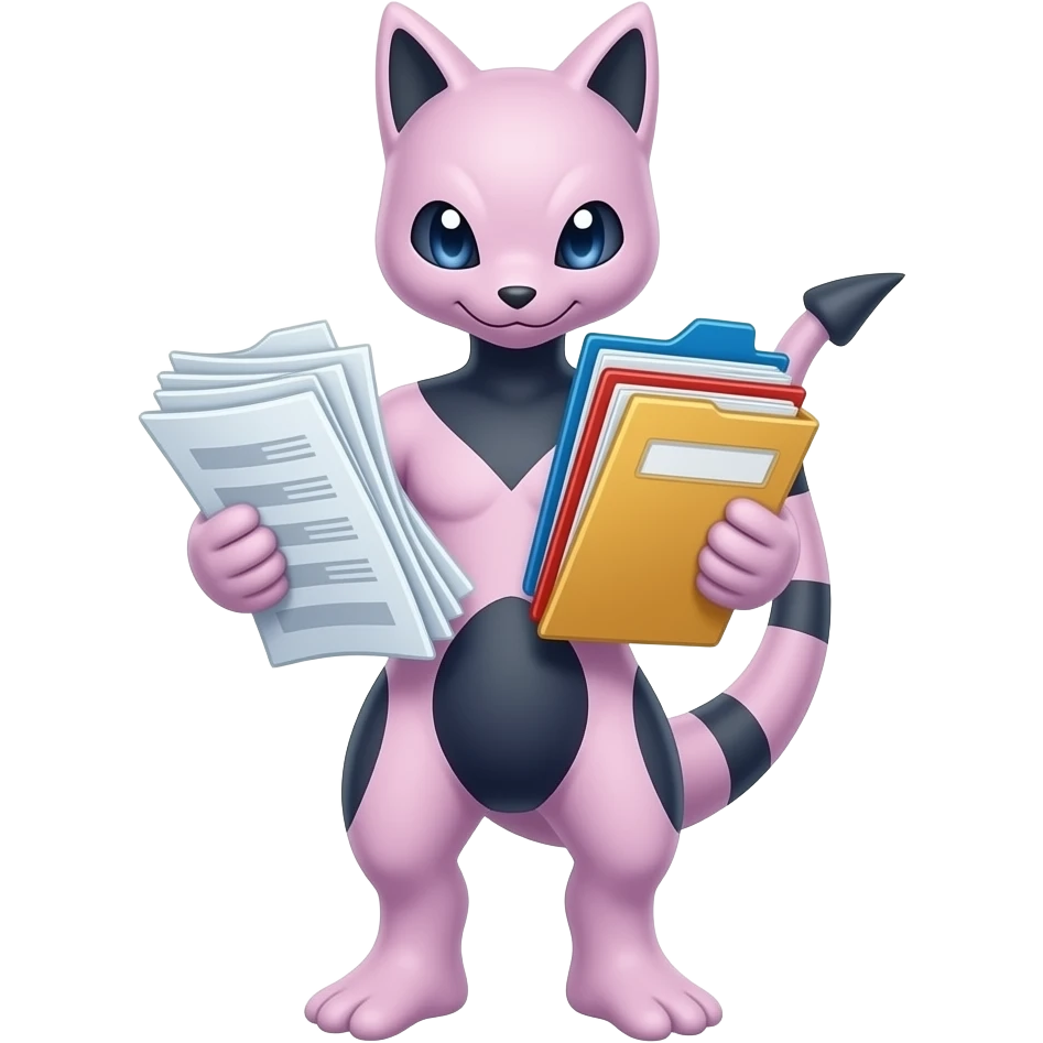 pokemon mewtwo with sheets and folders in their hands emoji