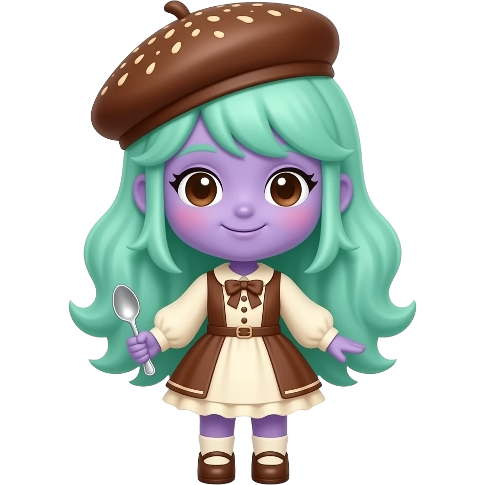 Girl tiramisu mascot with mocha-purple skin, creamy mint-green layered hair, a cocoa-dusted beret, a coffee-and-cream dress, mascarpone sleeves, tiny spoon accessories, and a cute chibi full-body design. emoji