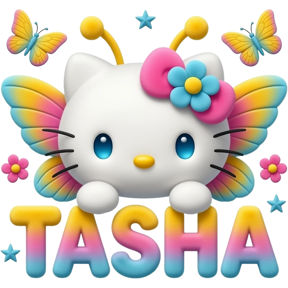 White velvety fur 3D hello kitty head with yellow pink blue gradient 3D ...