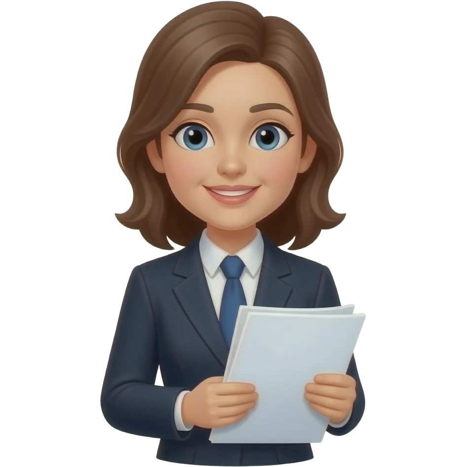 lawyer woman with documents in hands and must have a libra picture and paragraphs next to her on the right head emoji