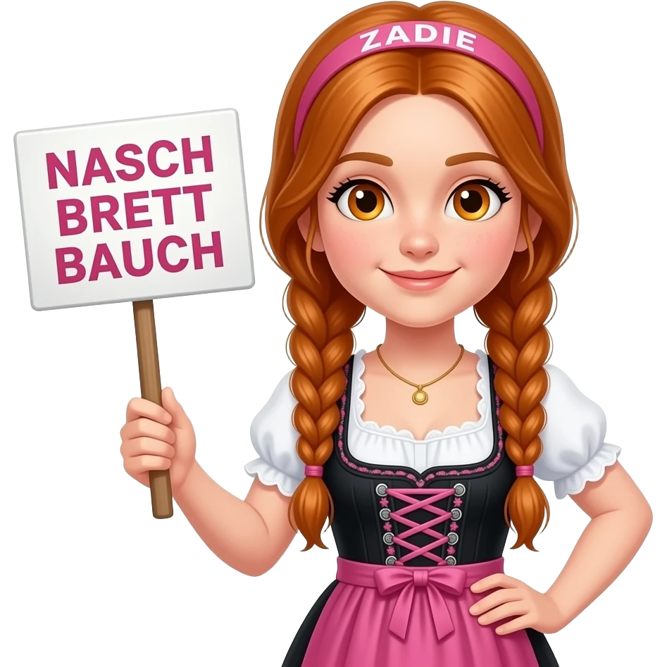 sexy girl with overlong ginger braids and ginger eyes wearing a black pink dirndl and a pink headband with ZADIE written on it, is holding a sign with NASCH BRETT BAUCH written on it emoji