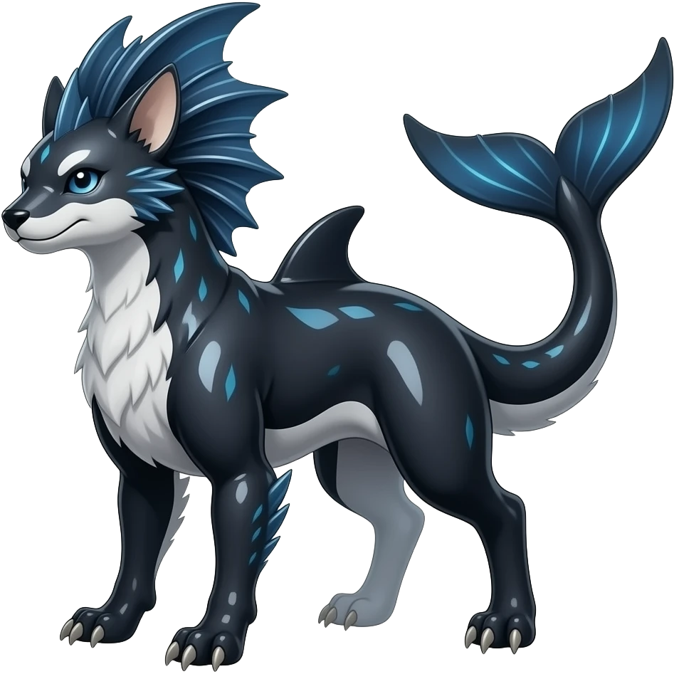 Tough realistic glossy oily smooth Quadrupedal digitigrade shiny glossy smooth finned frilled gothic tall slim unique epic legendary shiny edgy cool cyberpunk-solarpunk-fantasy-Sharpedo-Sceptile-Sprigatito-Flyogn-Vaporeon-Electrike-Fakémon-hybrid with an orca tail emoji