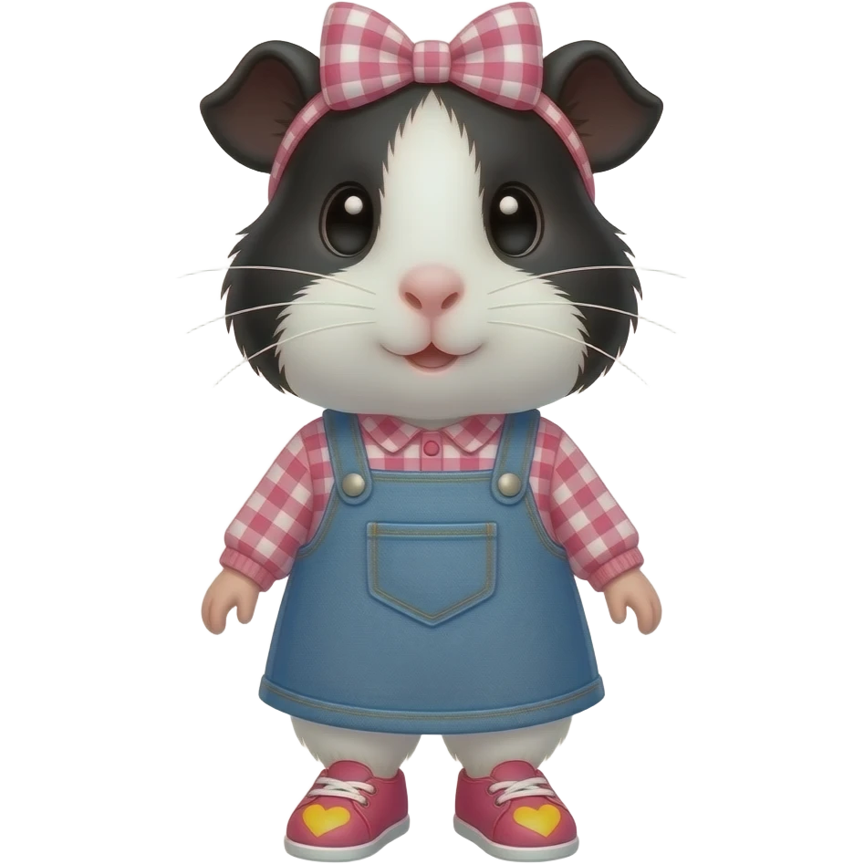 black and white guinea pig with pink long sleeve gingham shirt, jean dress, pink shoes with yellow hearts and a pink gingham bow in hair emoji