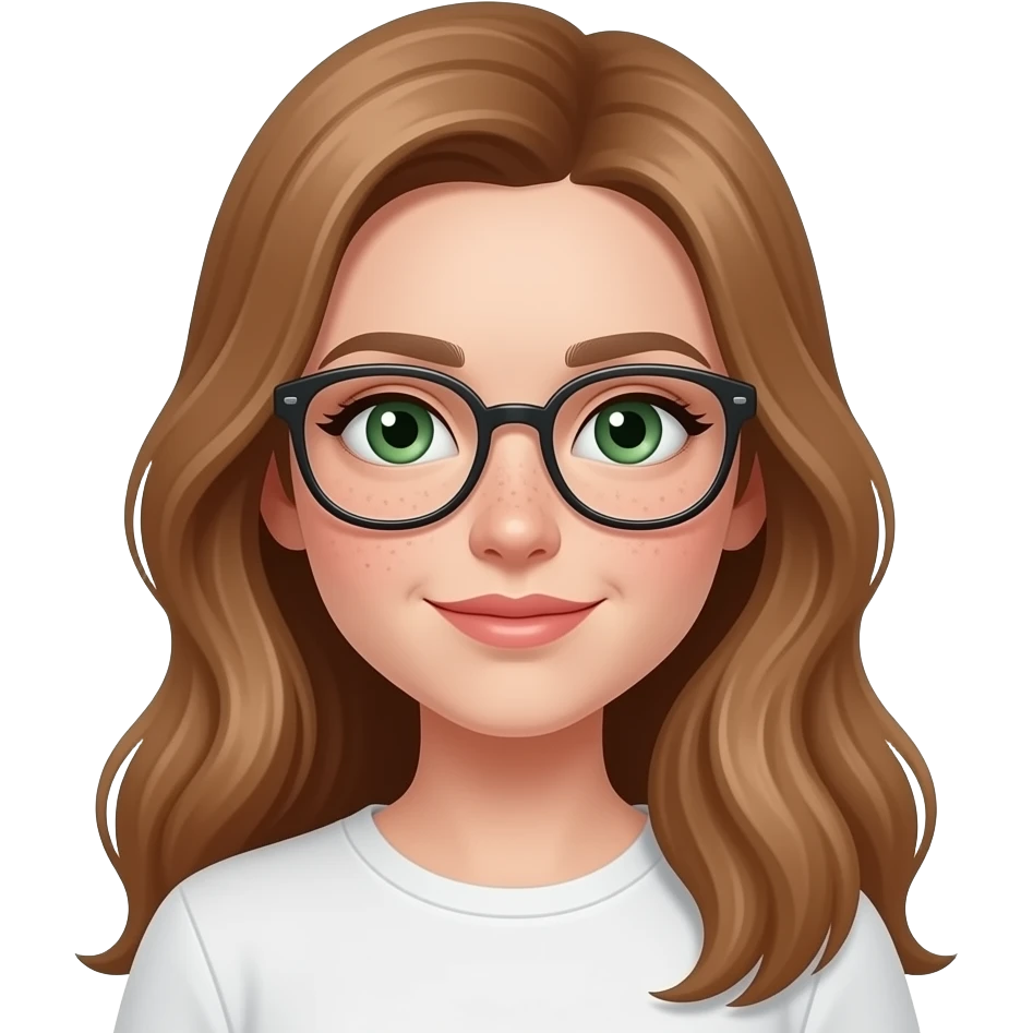 una cara con pecas. ojos verdes, cara blanca. con gafas bonitas un poco mas joven pelo marron claromujer con pelo largo transparentes para ver. emoji