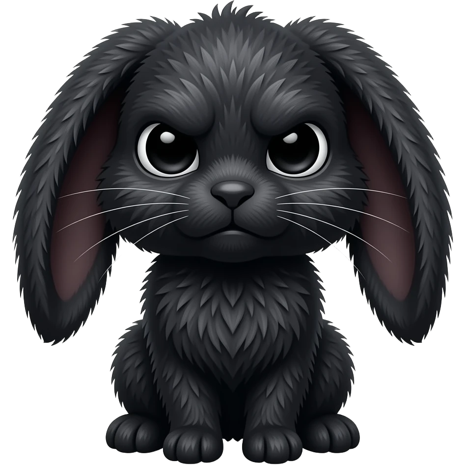 a black rabbit with a lot of fur, a wide face with piercings, drooping ears, large black eyes and eyebrows, and a stern, tired look emoji