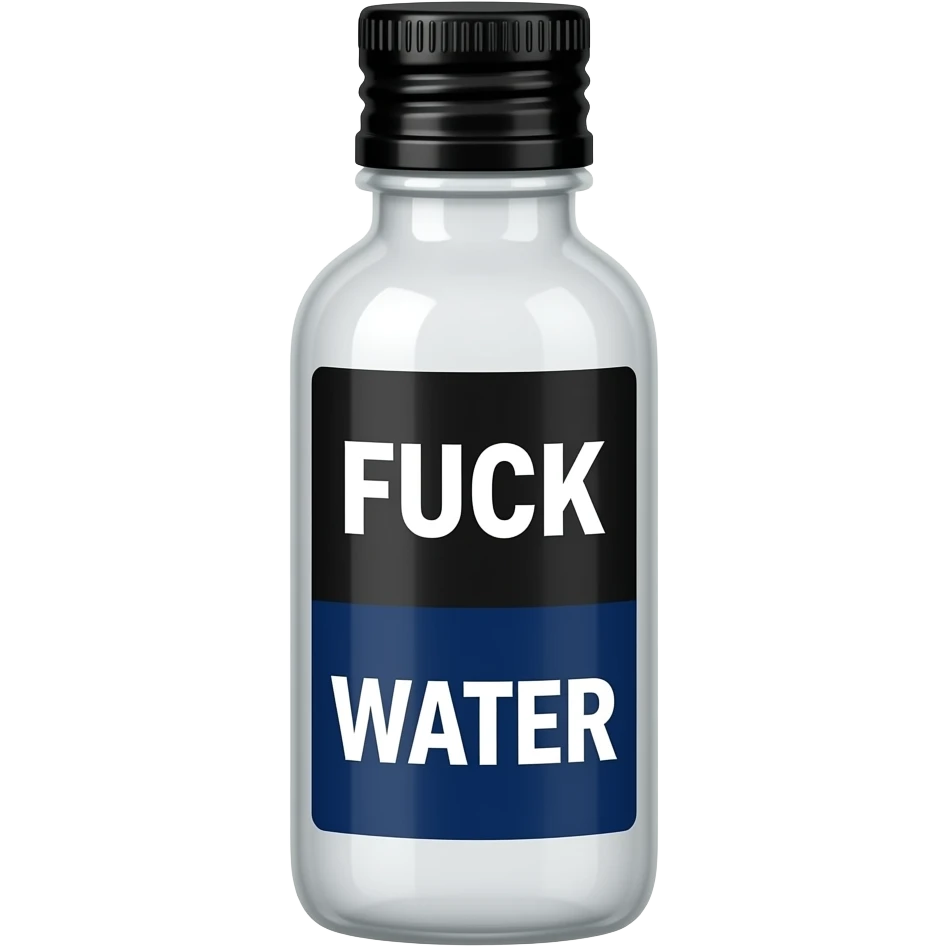 very skinny bottle with a black cap with white liquid in it with a white and dark blue vertical label that says FUCK WATER but the fuck is white text with a black background and water is white text with a navy blue background so it’s split in half. but the label is vertical side by side emoji