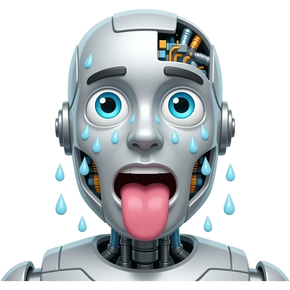robot heavy sweating with toung out and eyes looking up emoji