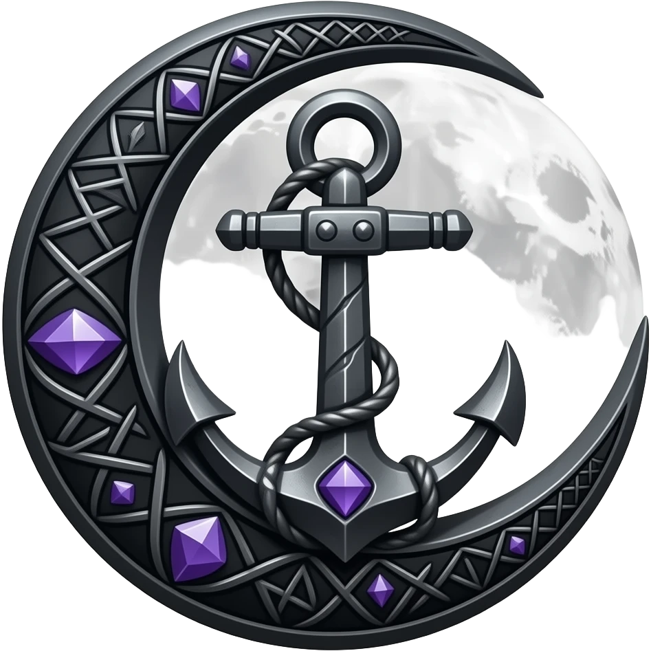 „blackened crescent‑moon and anchor fused together, intricate runic engravings, small purple crystals, moonlight reflecting on metal, ethereal atmosphere, high detail, no characters“ emoji