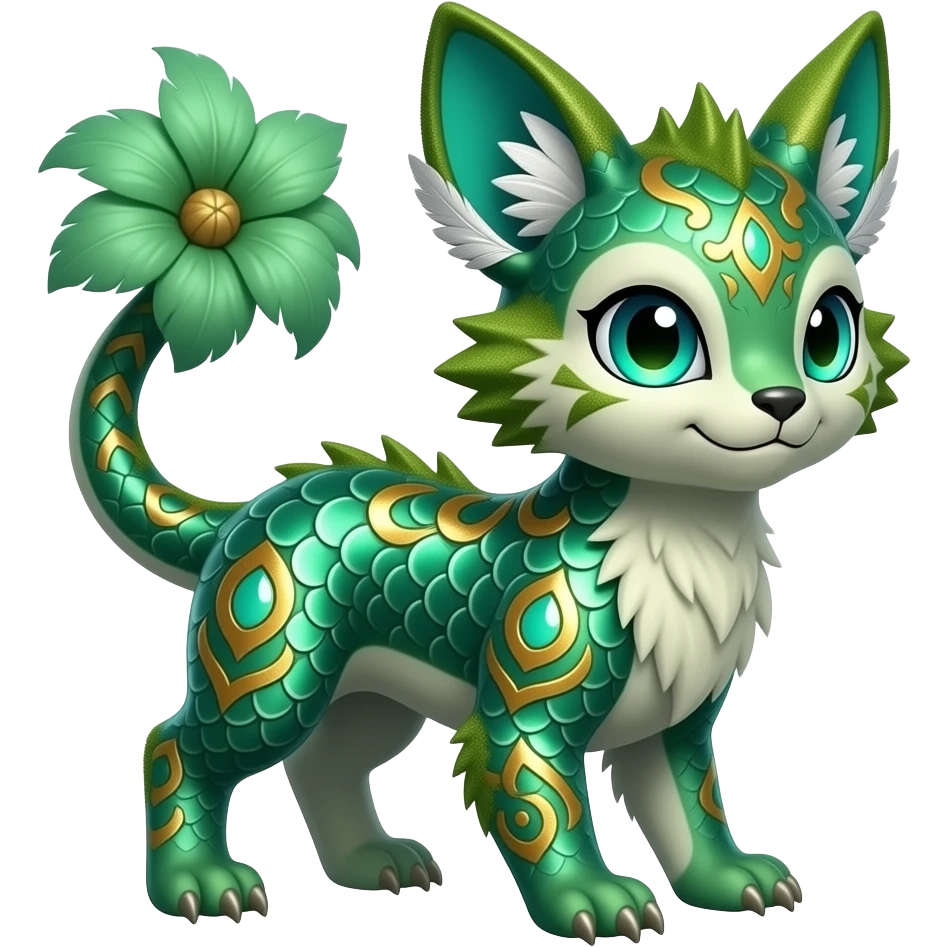 Exotic tropical happy Beautiful pretty cool edgy elegant realistic Feral Rare Fantasy colorful vibrant Vernid-Trico-species-Fakemon-creature by LiLaiRa, random markings, tufted tail, tufted ears, full body emoji