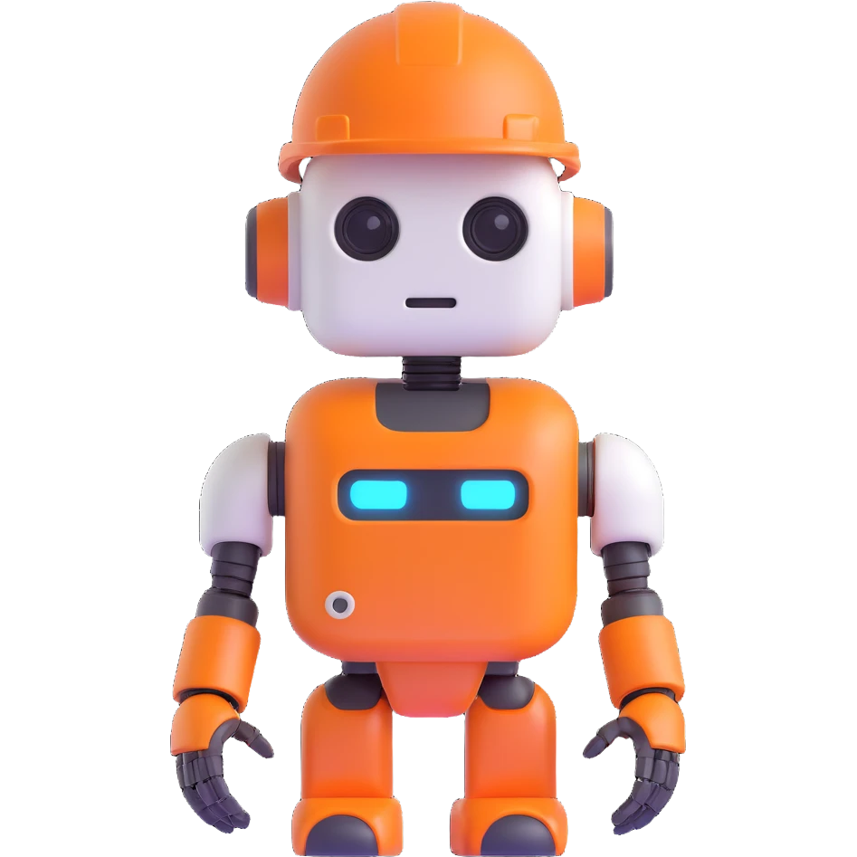 3D cartoon face of a construction AI agent, robotic with human-like features, orange hard hat, cheerful, digital accents emoji