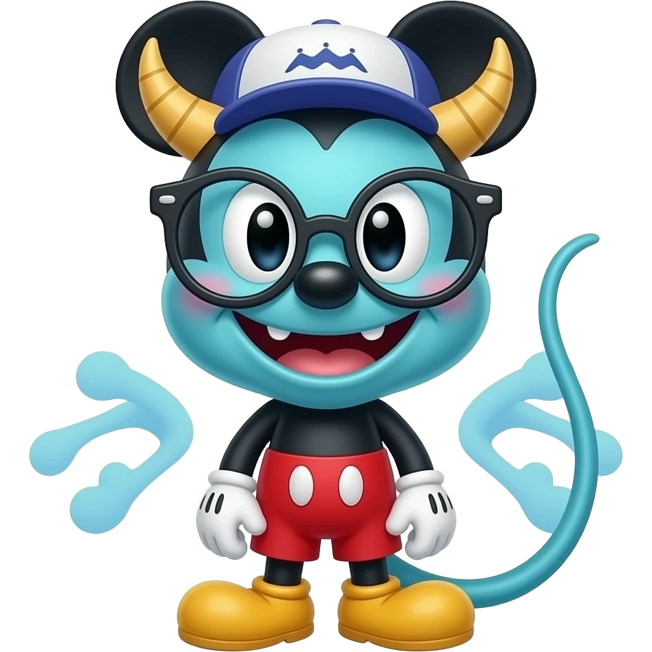Un tierno monstruito con rasgos de caricatura de los años 30 (estilo Rubber Hose, como Mickey clásico o Cuphead) pero con colores modernos. Puede llevar gorra hacia atrás y lentes emoji