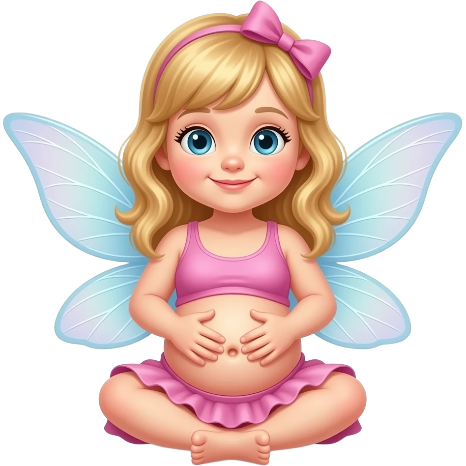 A baby girl fairy,she a very hugely fat belly,she is so stuffed that she has to sit,she could almost roll,rubbing her full bellybutton so she will cutely do a good belly show & tell. emoji