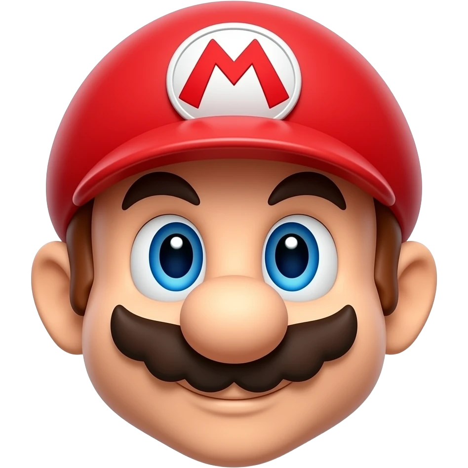 same exact cute 3D plumber emoji character, looking slightly up, glossy red cap, blue eyes, cartoon mustache, pixar style, smooth 3D emoji render, only camera angle changes, same character identity, same proportions, same colors emoji