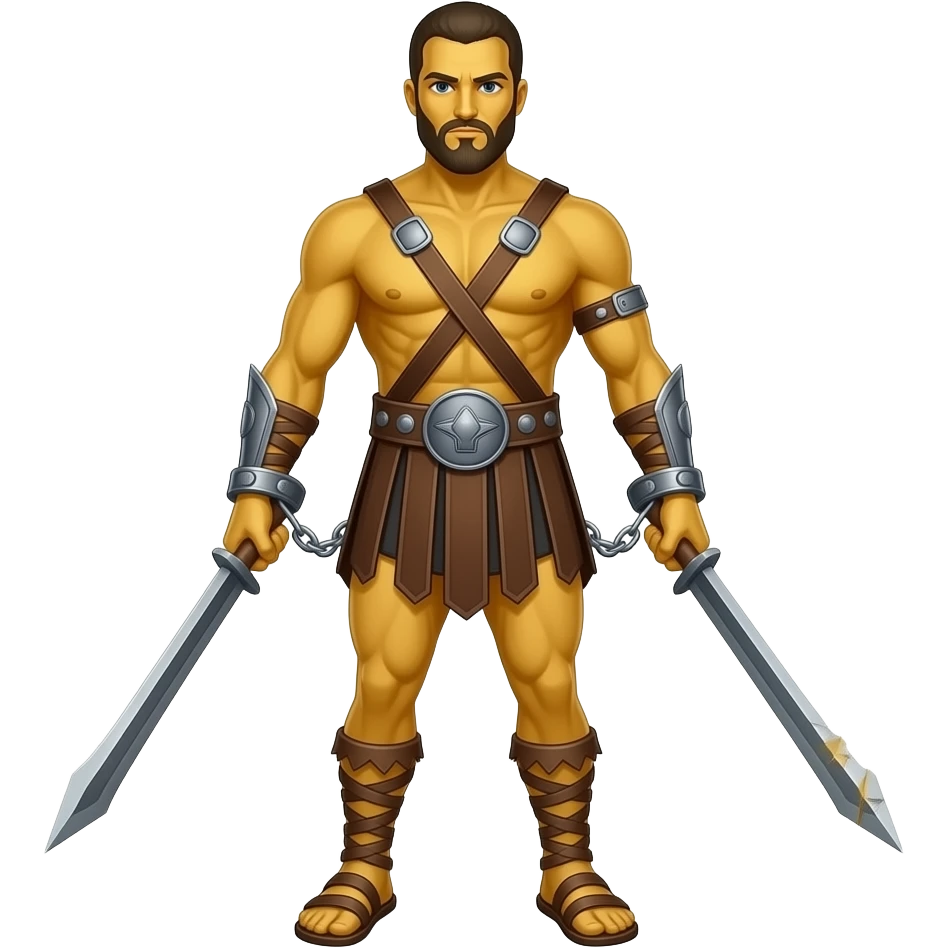 spartacus, minimal, full body, yellow skin, emoji style, more emojis style, more minimal, with weapons, more simplistic, emoji style, shackles on wrist with broken chains, beard emoji