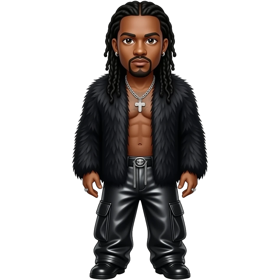 Bizzy Bone from Bone Thugs-N-Harmony with brown eyes, long black hair, black fur shawl, black metallic baggy pants, shirtless with necklace and earrings emoji