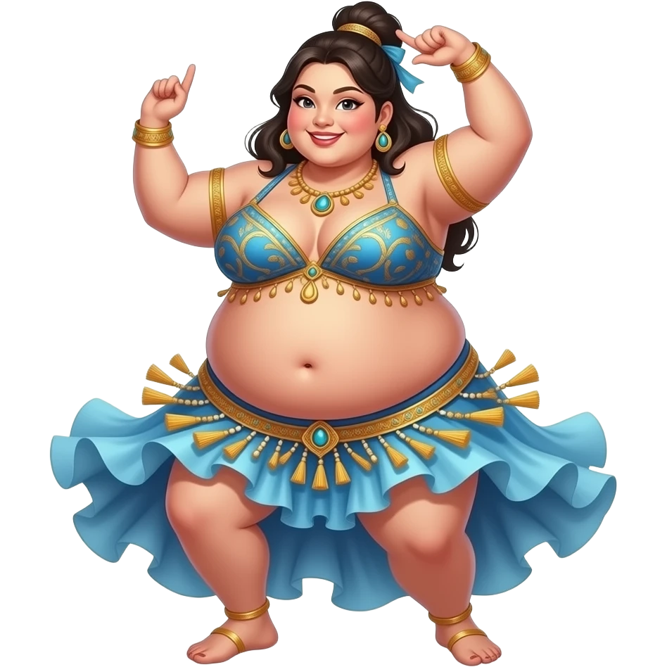A sumo girl belly dancer,with an morbid obese love handles & muffin top midriff,her bellybutton bulging from being stuffed to the max after a luncheon buffet,She dances then her bouncy belly wobbles a lot. emoji