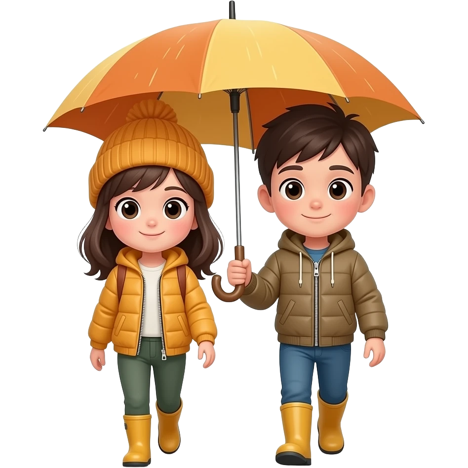 девочка и мальчик с большими глазами в застегнутой курточке и шапке штанишках в резиновых сапогах идут под зонтиком осенью emoji