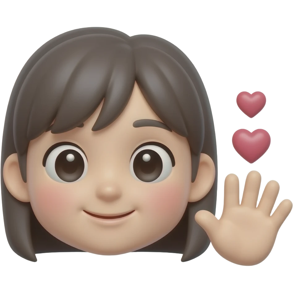 iOS-like 3D cute aegyo emoji, sparkling eyes, tiny cute mouth, soft blushing cheeks, one small hand waving beside the face, playful lovely expression, little floating hearts, soft rounded glossy texture, clean white background, centered composition, minimal cute icon style. emoji