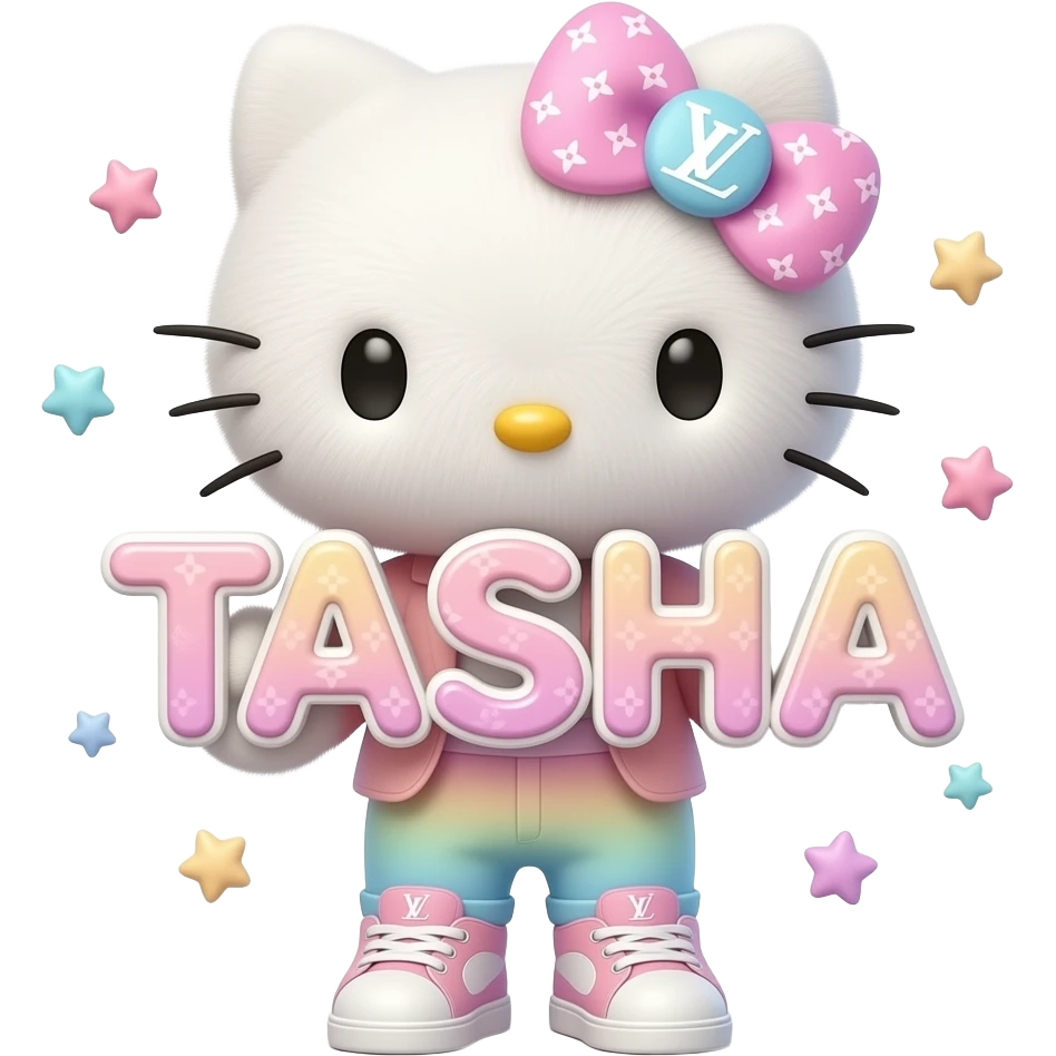 4D Velvety fur texture hello kitty wearing ombre white and blue and pink ombre pastel colored skinny jeans and sneakers, and with the Louis Vuitton symbol on her ombre pastel bow sitting down holding the velvety 3D outlined letters TASHA and surrounded with tiny ombre pastel stars made of candy emoji