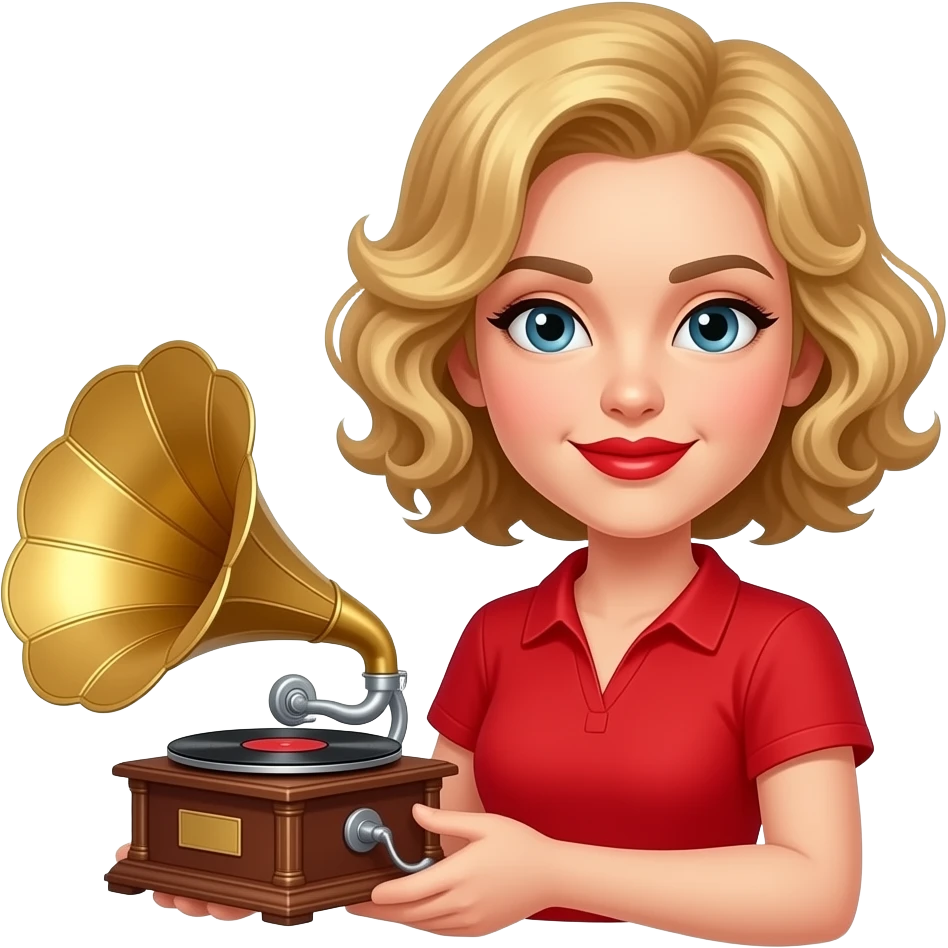 above neck Short blonde curly hair holding a phonograp music in a red short sleeve shirt, red lipstick, black eyebrows emoji