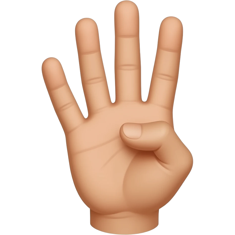 A cute Pixar-style 3D animated hand raised upward, clearly gesturing the number 4. The hand has four fingers extended (index, middle, ring, and pinky) with the thumb folded across the palm. high quality, 8k.. emoji