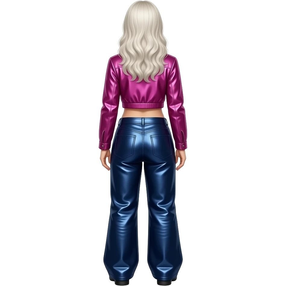 Emily Armstrong from behind with long white blonde hair, fuchsia metallic jacket crop top, dark indigo metallic baggy pants emoji