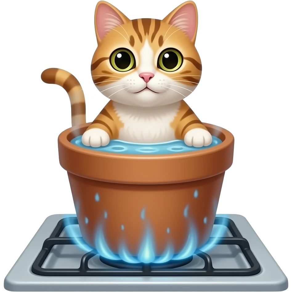 cat in a pot on the stove with boiling water emoji