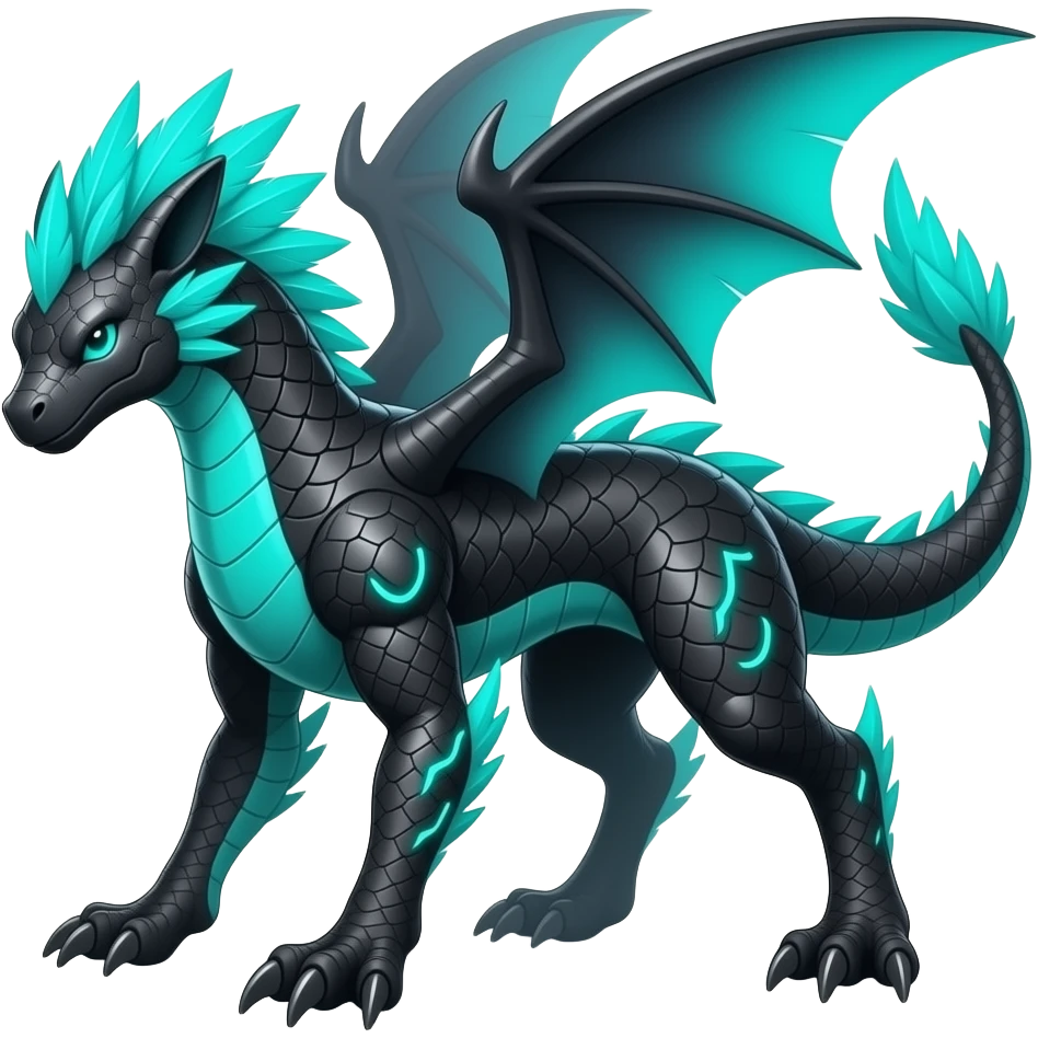 Cool edgy fiery cybernetic technological black-scaled with neon-cyan stripe markings digitigrade bipedal futuristic raptorik fantasy-Cyberpunk-Steampunk-Solarpunk-Genesect-Salamence-Cyclizar-Salazzle-Feraligatr-Fakémon-animal-hybrid, with neon feather-mane, and a tail blade, back spikes, full body emoji