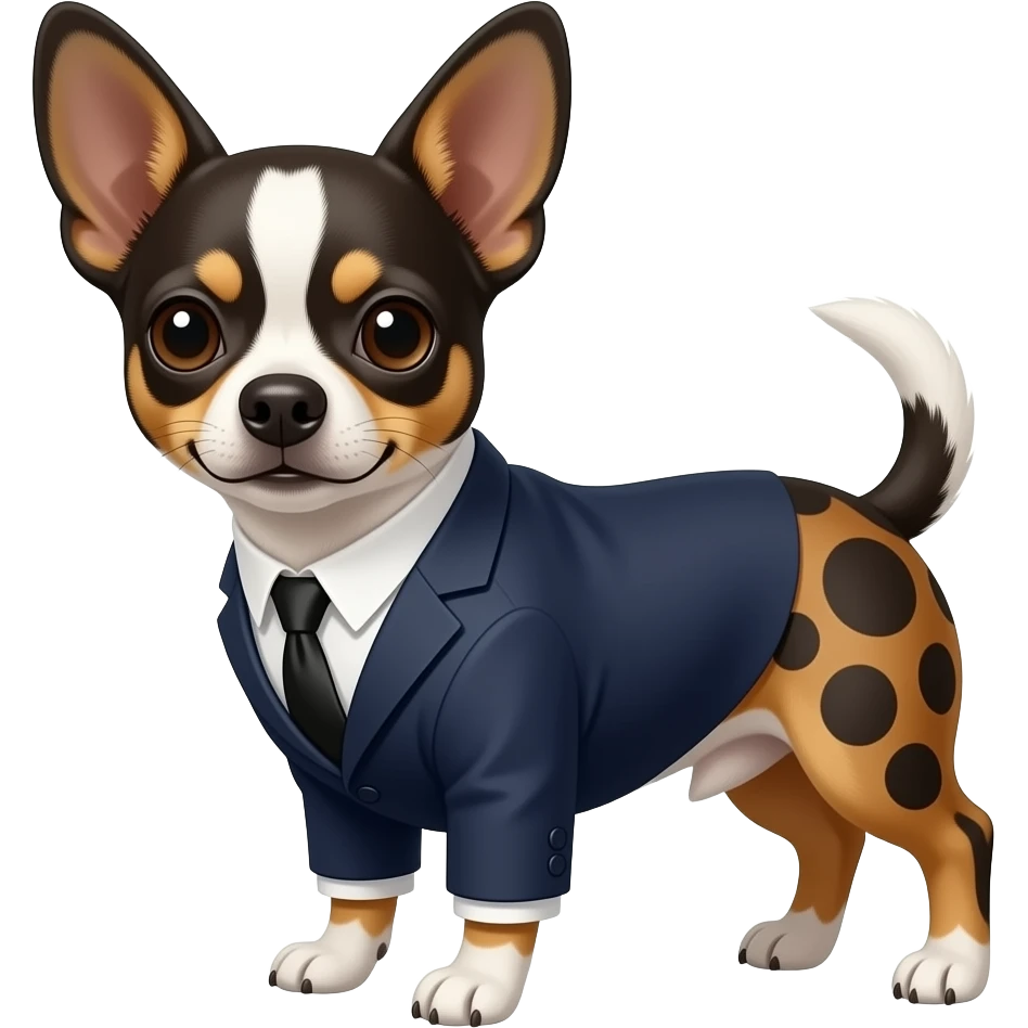 chihuahua con manchas cafe negras y blancas con un vestido de tailor suift emoji