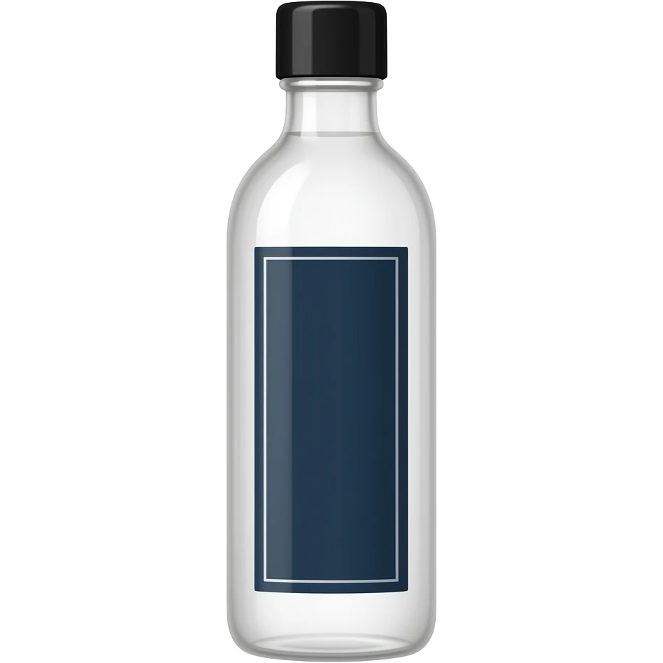big long skinny bottle with a black cap with white liquid in it with a white and dark blue vertical label emoji