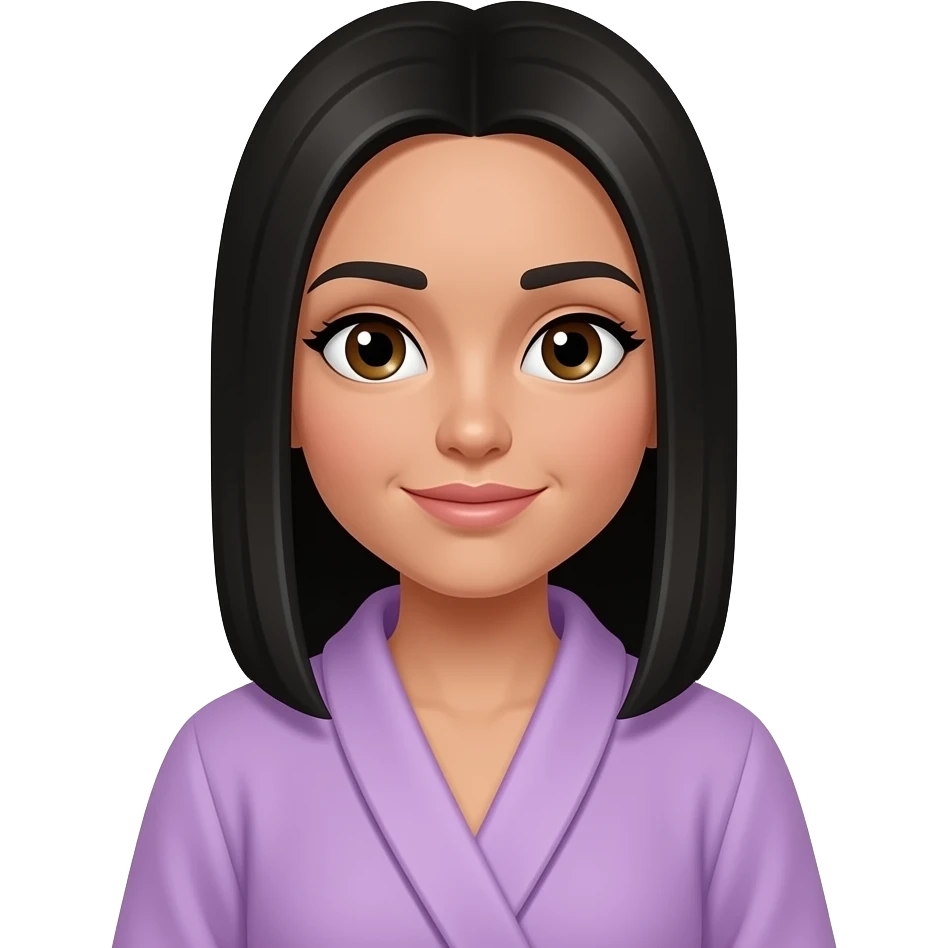 A brunette girl with straight black hair wearing a lilac bathrobe emoji ...