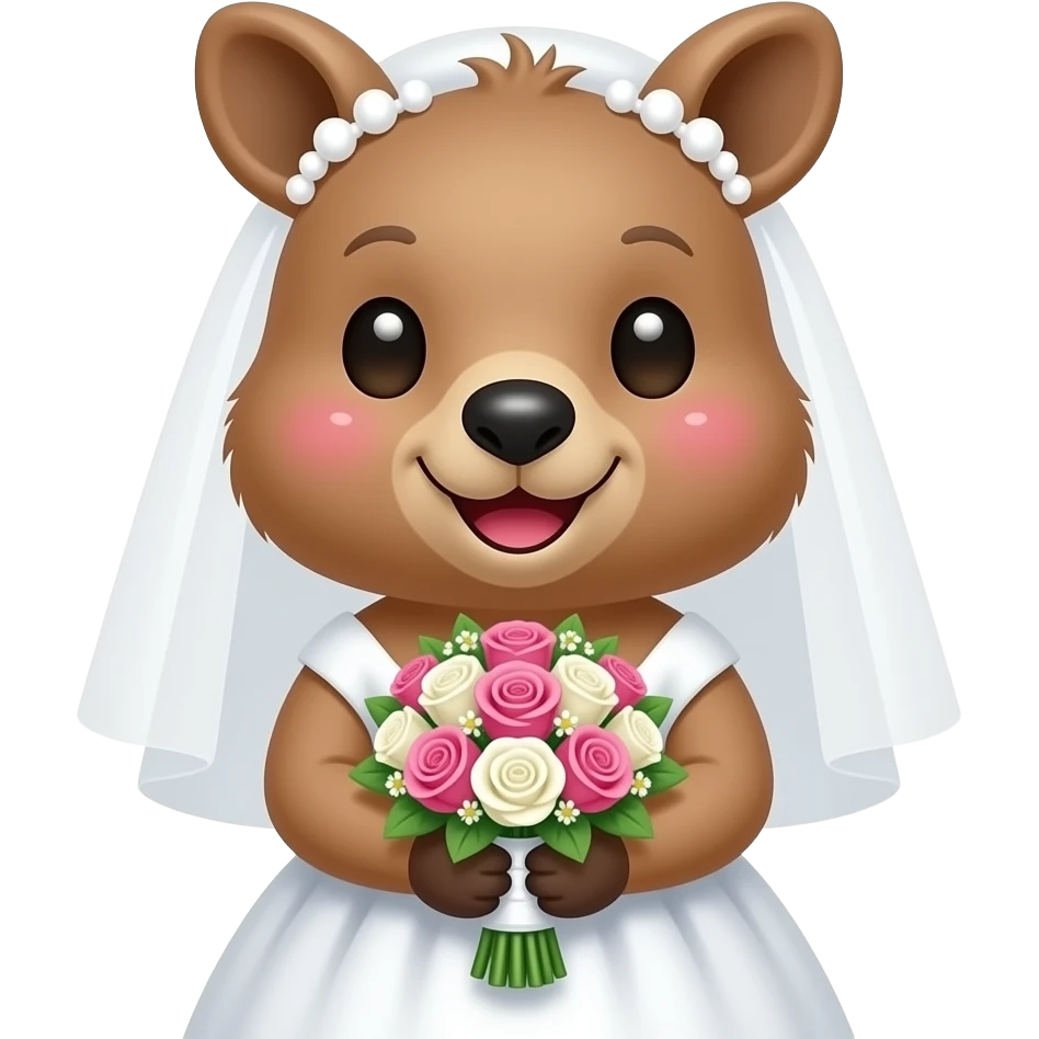 부케를 들고 활짝 웃는 귀여운 쿼카 신부. 볼이 통통하다 emoji