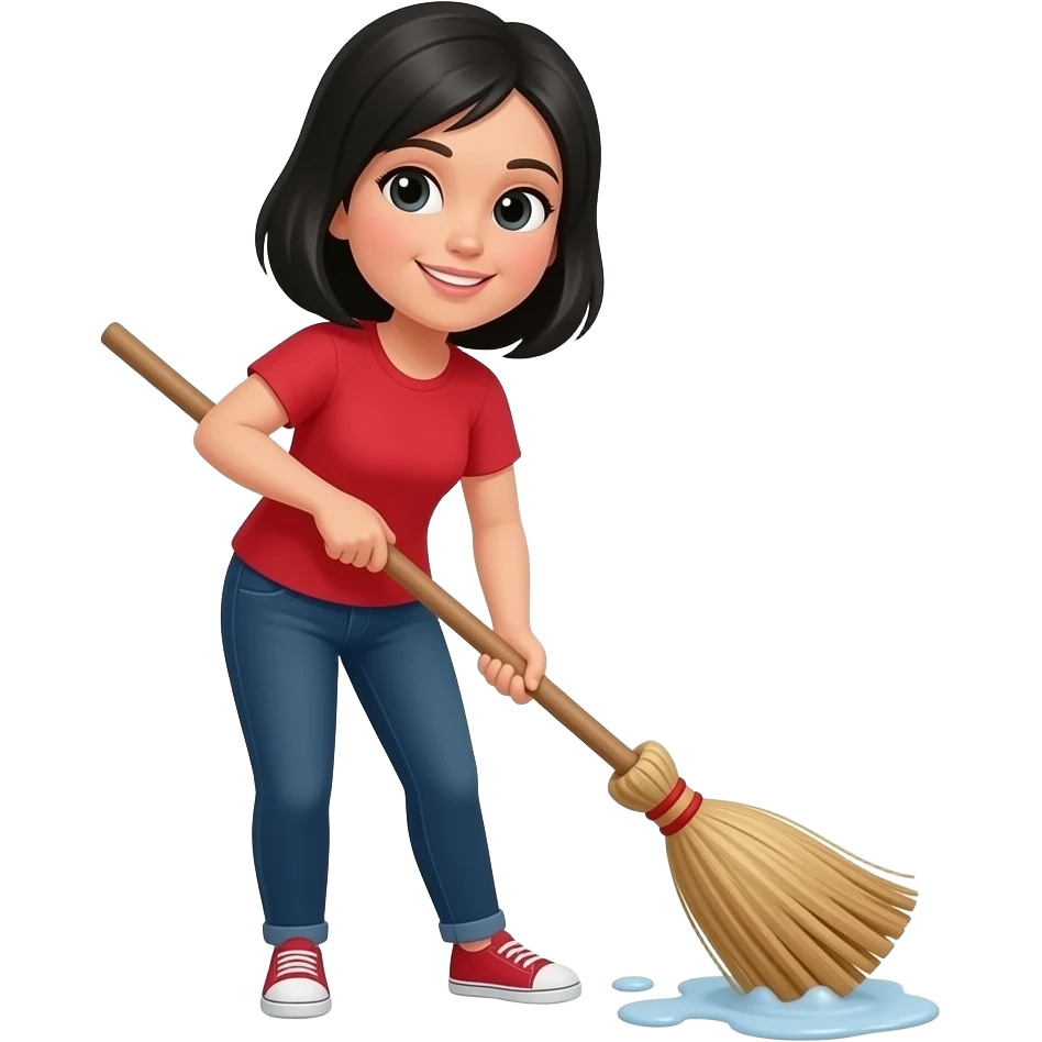 woman with red shirt black hair standing sweeping with a broom emoji