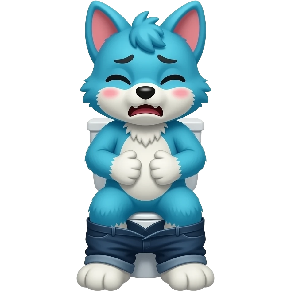 blue fursuit sitting on toilet, front view, pants down, straining face, blushing face, pain, pushing, both hands on stomach, discomfort, grunting, emoji