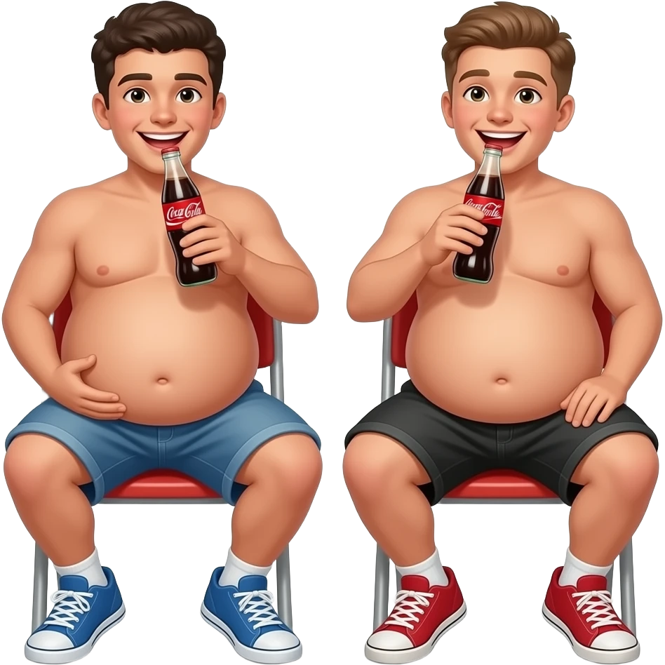Oba chłopaki z bardzo super ogromnymi brzuchami mają 16 lat ich brzuchy mają kształt jak super ogromna kula + ich brzuchy są twarde bez koszulek siedzą na krześle i rozmawiają piją coca-cola emoji