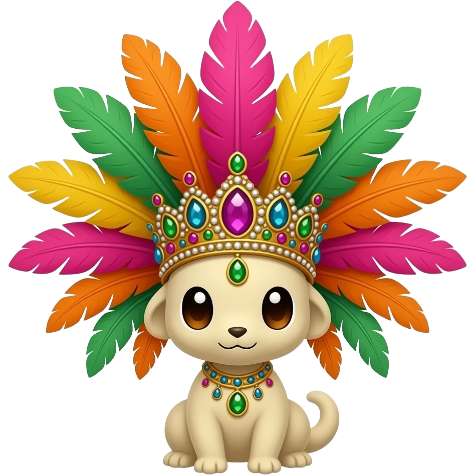 Fakémon-creature with Jamaican carnival feather headpiece, extravagant crown made of long colorful feathers (bright neon pink, orange, yellow, green), decorated with jewels and rhinestones, flat lay on white background, no person, no model, sticker style, emoji style, 1:1 emoji